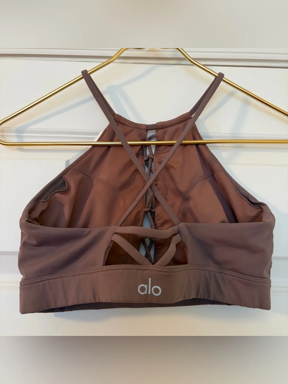 Alo Yoga Starlet Lace-Up Bra in Smoky Quartz, Size Small